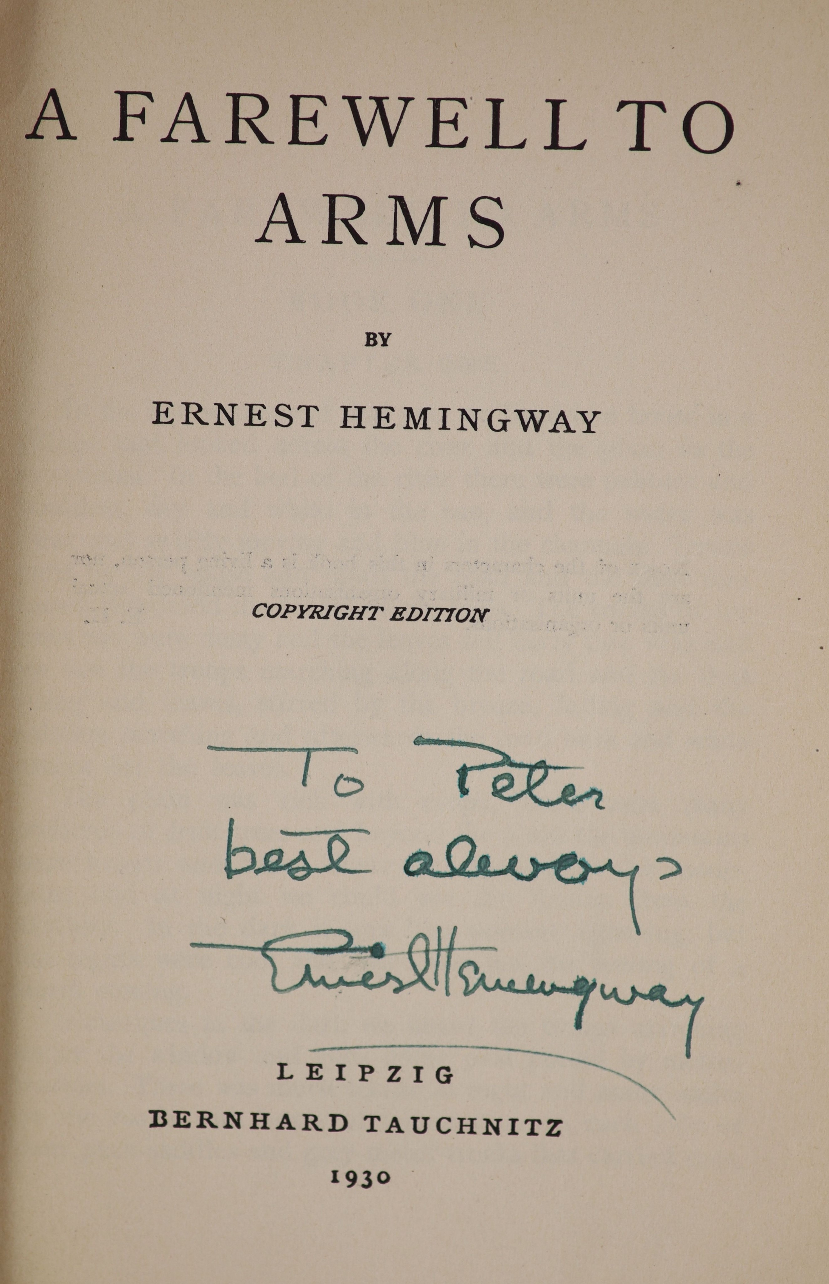 Hemingway, Ernest - A Farewell to Arms, 8vo, paperback, title with authors presentation inscription, Bernhard Tauchnitz, Leipzig, 1930